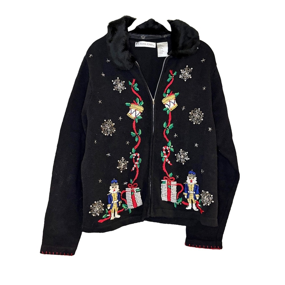Vtg Victoria Jones‎ Christmas Cardigan L Black Embroidered Zip Front Fur Collar